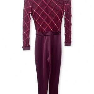 Vintage Burgundy mesh jumpsuit with beaded details size XS